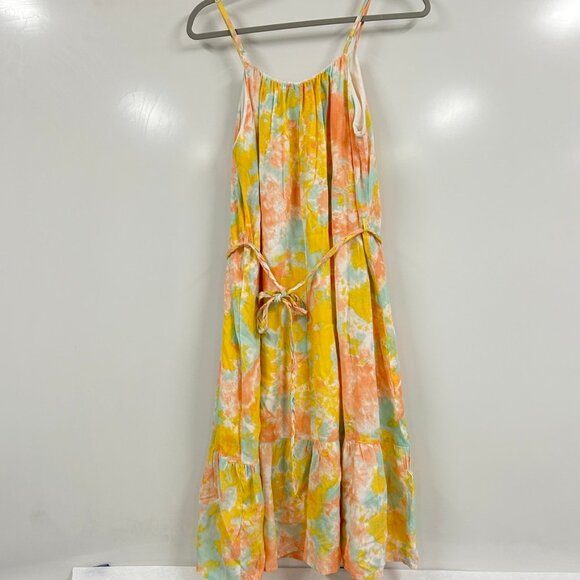 Watercolor Midi Dress Medium Tie Waist Spaghetti Strap Pastel Boho Summer - Picture 4 of 11